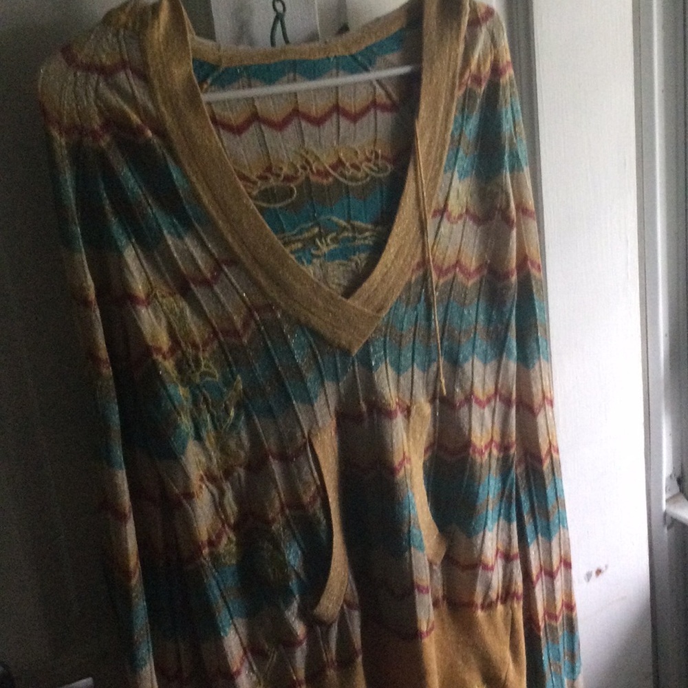 Women’s Teal and Mustard V-Neck Patterned Top
